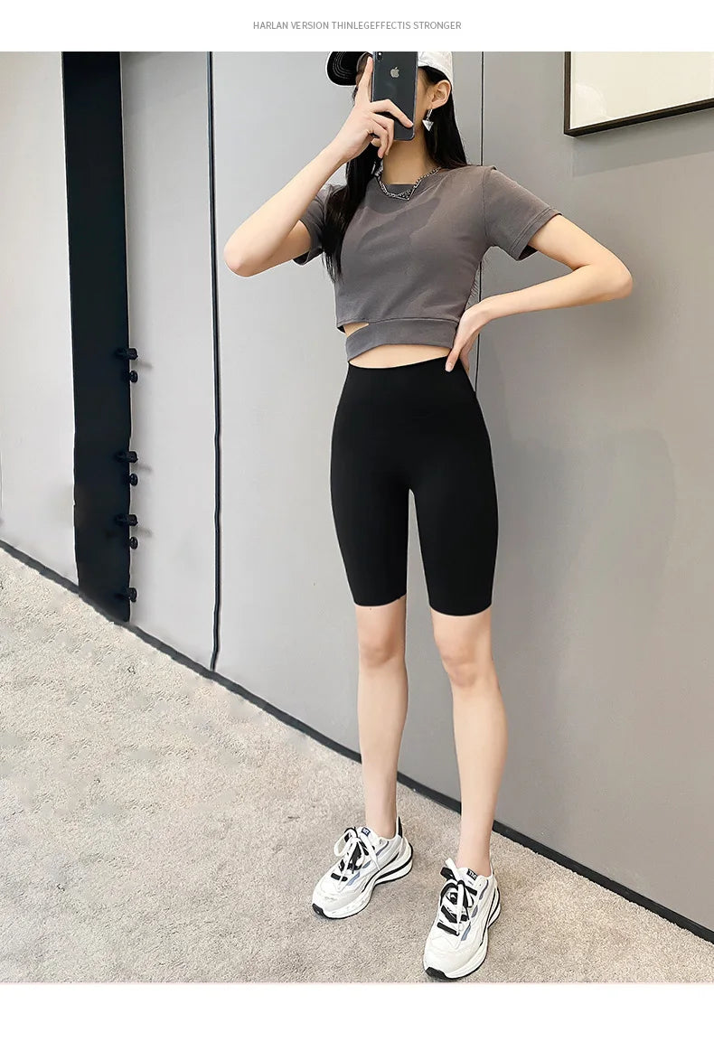 BIVIGAOS Summer Basic Cycling Shorts Women Casual Sharkskin Knee Length Short Legging High Waist Tight Sport Running Biker Short