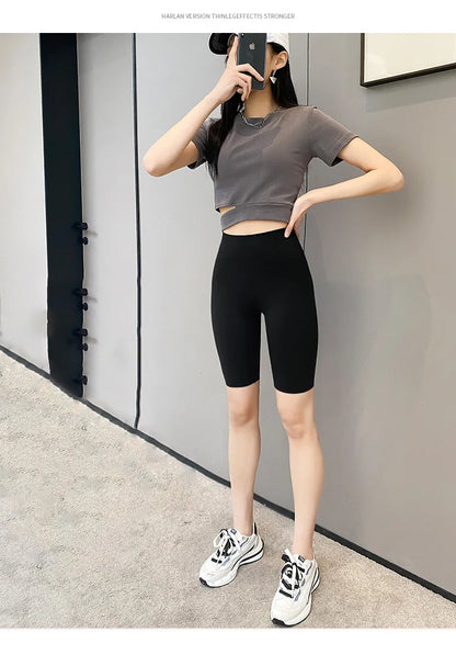 BIVIGAOS Summer Basic Cycling Shorts Women Casual Sharkskin Knee Length Short Legging High Waist Tight Sport Running Biker Short