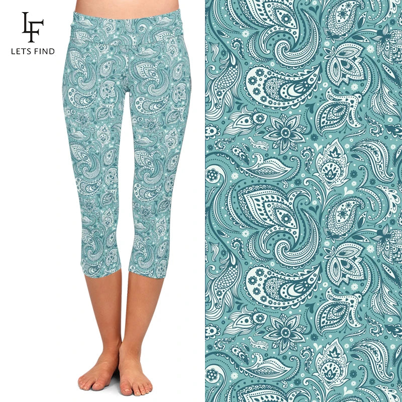 Women's High-Waisted Printed Capri Leggings – Turquoise