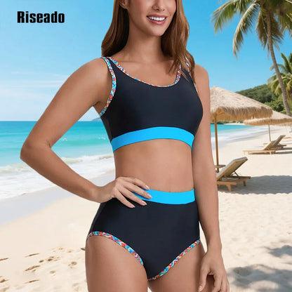 Women's High Waisted Bikini Sets Sporty Two Piece Swimsuits Color Block Bathing Suits