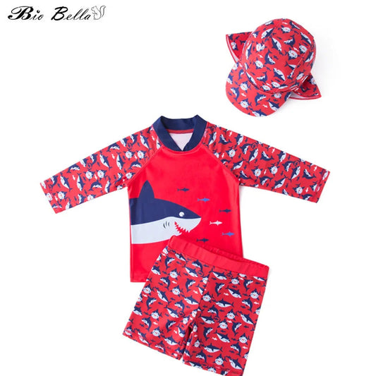 Children Baby Boy Two Pieces Kids Swimming Bathing Swimsuit Sunscreen Closed-fitting Long Sleeve Tops+Cap+Pants 3Pcs Suits