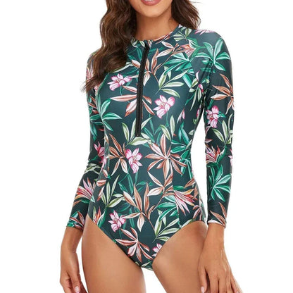 One-piece Swimsuit Women Long Sleeves Sunscreen Surf Wear Solid Color Stitching Zipper Conservative Summer Beach Swimwear