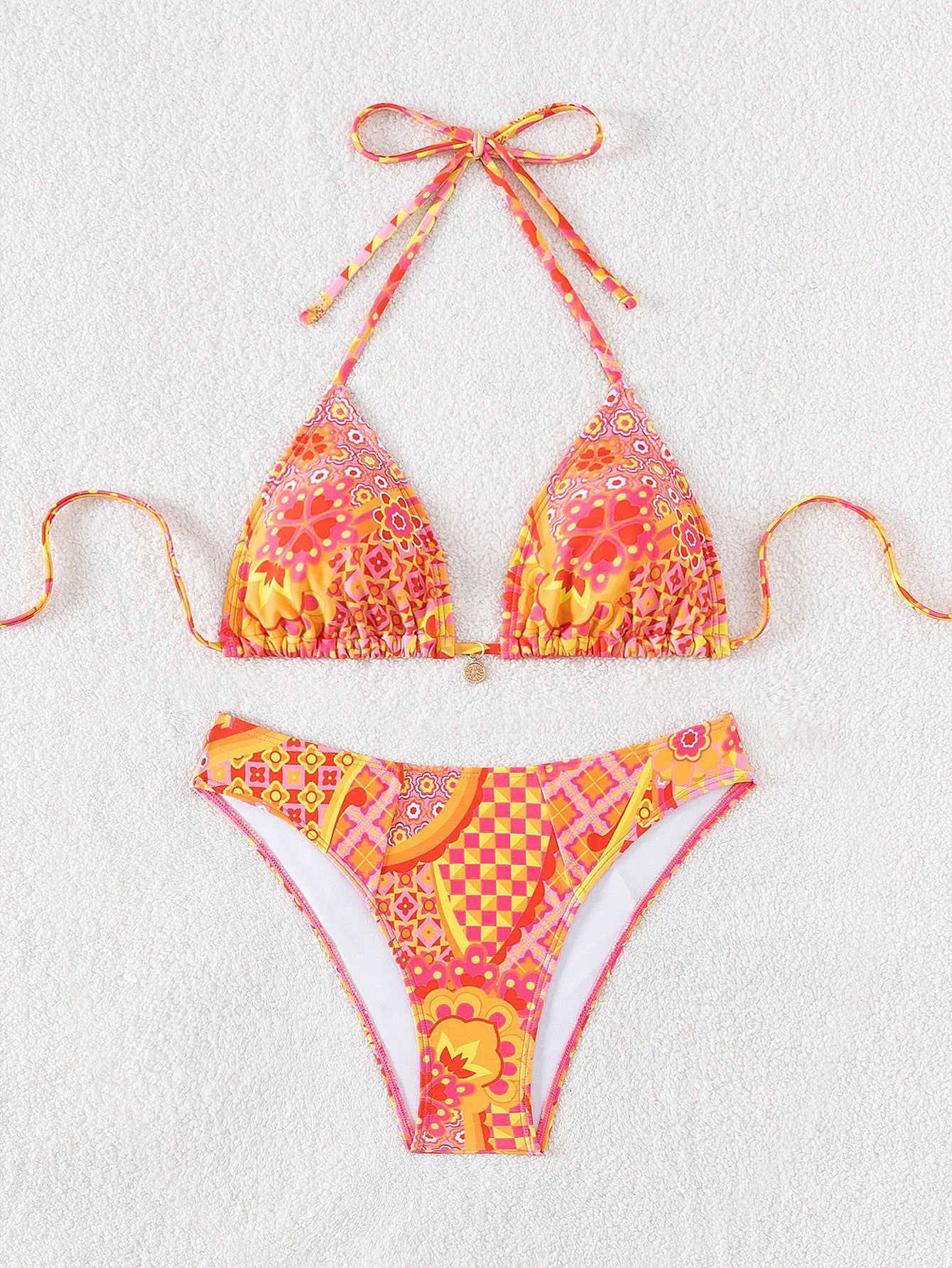 Triangle Bikini Set - Floral Print Push Up Swimsuit & Brazilian Bottoms