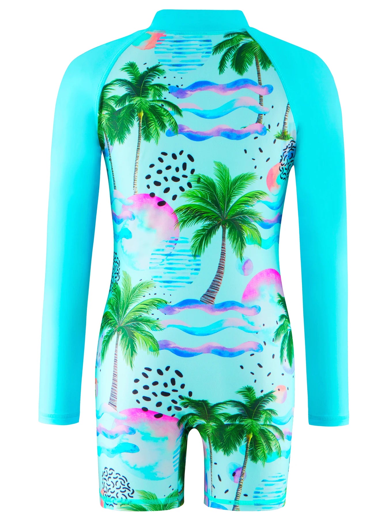 Boyleg Shorts Girls Swimsuit, One-Piece Plants Trees Print Swimwear, Long Sleeve, Beach Vacation Style, Kids Swim Rash Guard Hot