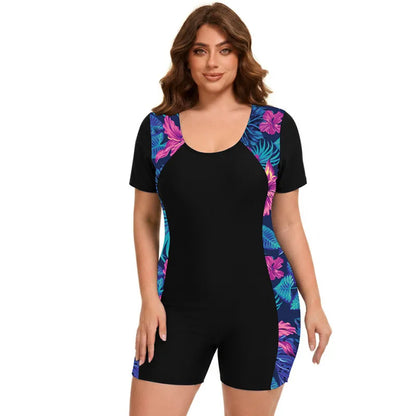 Plus Size Women's One Piece Swimsuit Swimwear Modest Short Sleeve Rash Guard Beachwear Bathing Suit UPF50+
