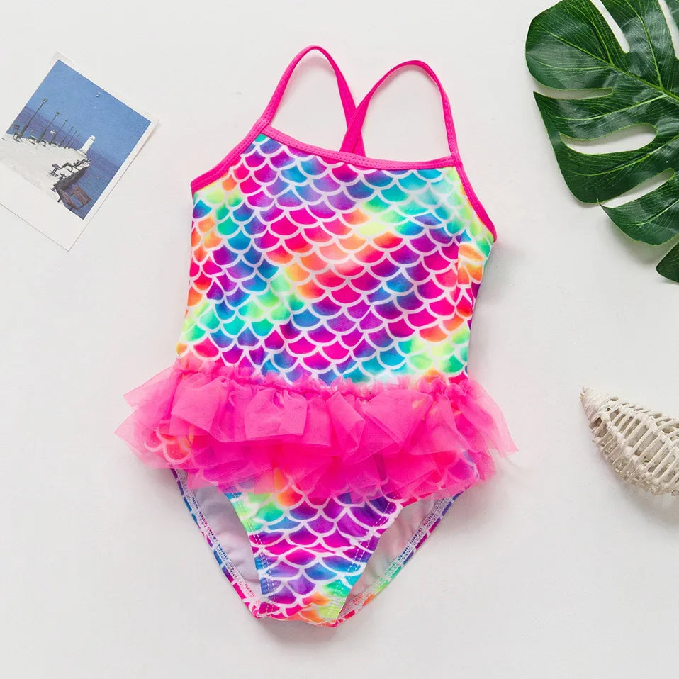 Girls Swimsuit One-Piece Mermaid Fish Scale Unicorn Children's Swimwear Girls Beachwear 2 3 4 5 6 7 8 Years