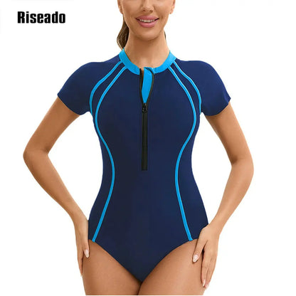 One Piece Swimsuit Mock Neck Zipper Short Sleeve Bathing Suit for Athletic beach clothes for lady