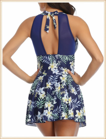 Backless Print Swimsuit Dress Women High Waist Bikini Swimwear Female Padded Bathing Suit Swimming Beachwear Summer Tankini
