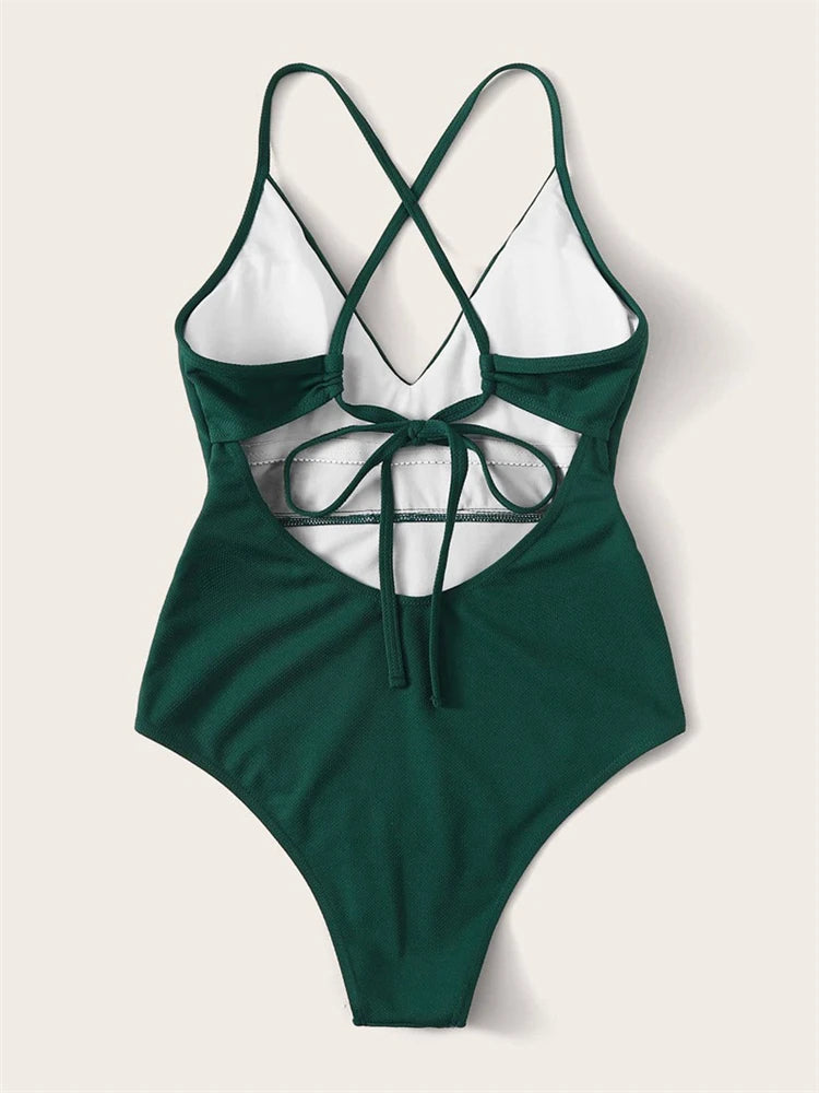 One Piece Swimsuit Women Green Sling V Neck Swimwear Bodysuit Monokini Summer Backless Beach Bathing Suit Female