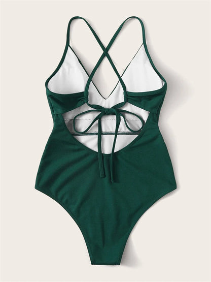 One Piece Swimsuit Women Green Sling V Neck Swimwear Bodysuit Monokini Summer Backless Beach Bathing Suit Female