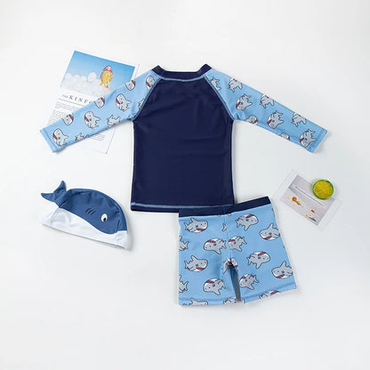 3PCS Kids Boys Summer Swimwear Bathing Suit Long Sleeve Shark Print Swimsuit Set Cute Tops with Bottoms Swimming Cap