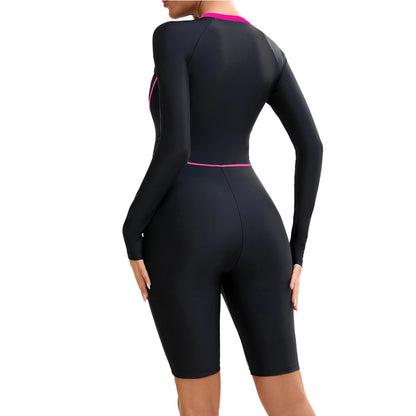 Womens Swim Leotard Long Sleeve One-Piece Swimsuit Surfing Swimwear Bathing Suit Front Zipper Jumpsuit for Summer Holiday Pool