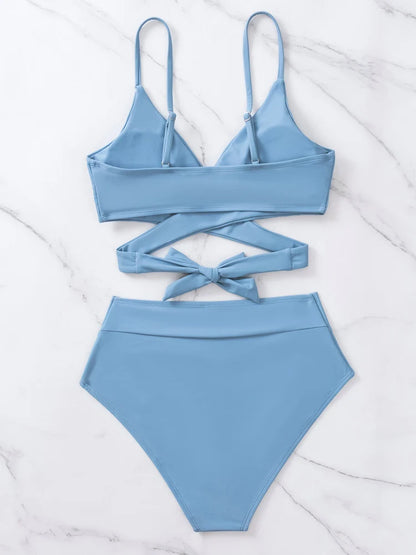Solid Strapped Bikini Set Push UP Hollow Swimsuit Women Swimwear Biquinis High Waist Backless Bathing Suit