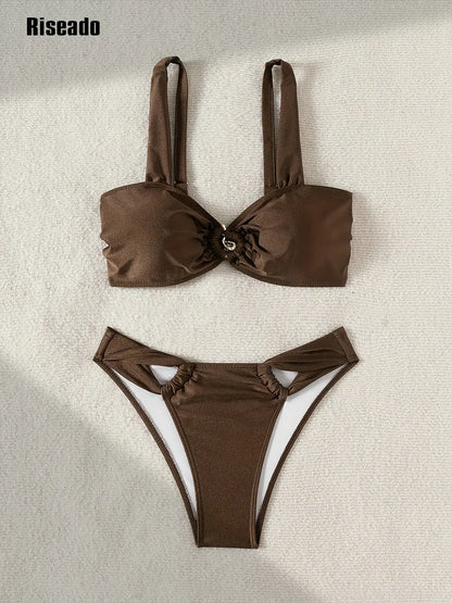 Women's Push Up Bikini Sets Two Piece High Waisted Swimsuit O-Ring Beach Swimming Wear