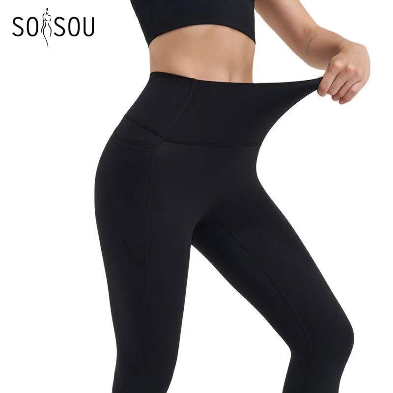 Nylon Leggings Yoga Women's Pants Gym Sport Fitness Pants Tight Elastic Breathable High Waist Side Pockets Sportswear