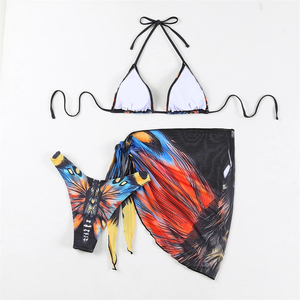 3 Pieces Bikini With Beach Skirt Butterfly Print String Bathing Suit Women Swimwear Female Swimming Swimsuit