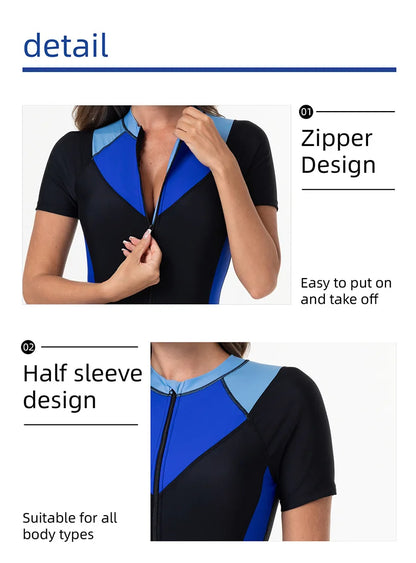 One-piece Swimsuit Zipper Sports Surf Suit Women's Short-sleeve Swimwear Female Beachwear Shorts Wetsuit