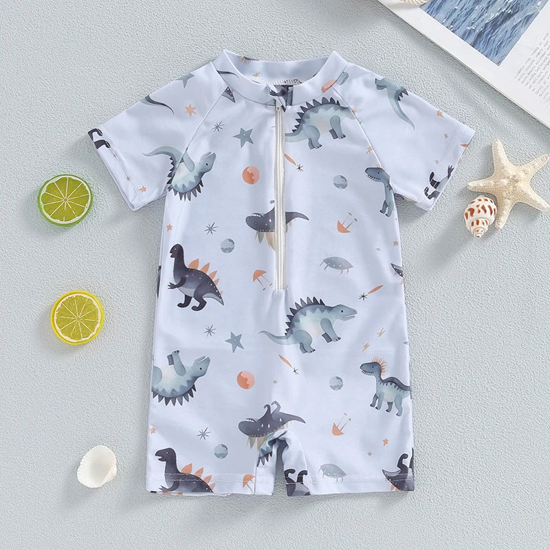 Baby Boy's Dinosaur Swimsuit Round Neck Half Zip Up Short Sleeve Rash Guard Swimwear Infant Toddler Bathing Suit 0-3T