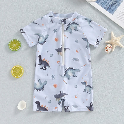 Baby Boy's Dinosaur Swimsuit Round Neck Half Zip Up Short Sleeve Rash Guard Swimwear Infant Toddler Bathing Suit 0-3T