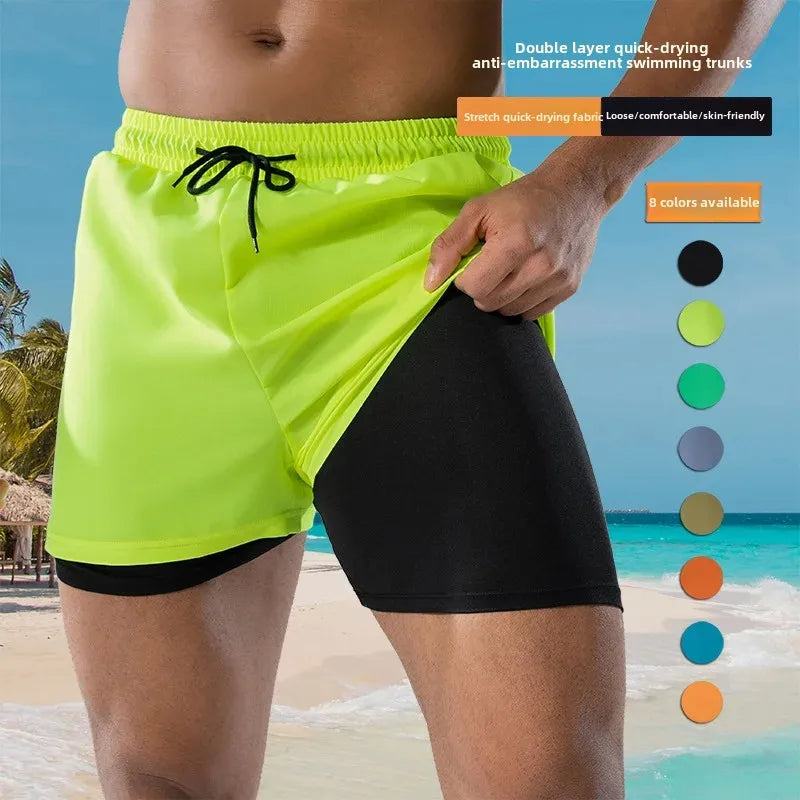 Adult Loose-Fit Flat Angle Swimming Pants for Men Quick Dry  Beach Pants Anti-Awkward Double Layer Design