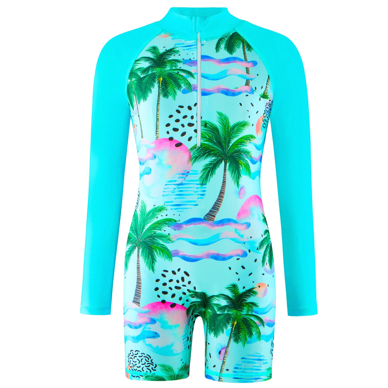 Boyleg Shorts Girls Swimsuit, One-Piece Plants Trees Print Swimwear, Long Sleeve, Beach Vacation Style, Kids Swim Rash Guard Hot