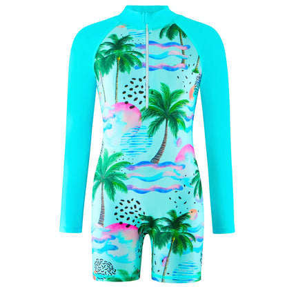 Boyleg Shorts Girls Swimsuit, One-Piece Plants Trees Print Swimwear, Long Sleeve, Beach Vacation Style, Kids Swim Rash Guard Hot