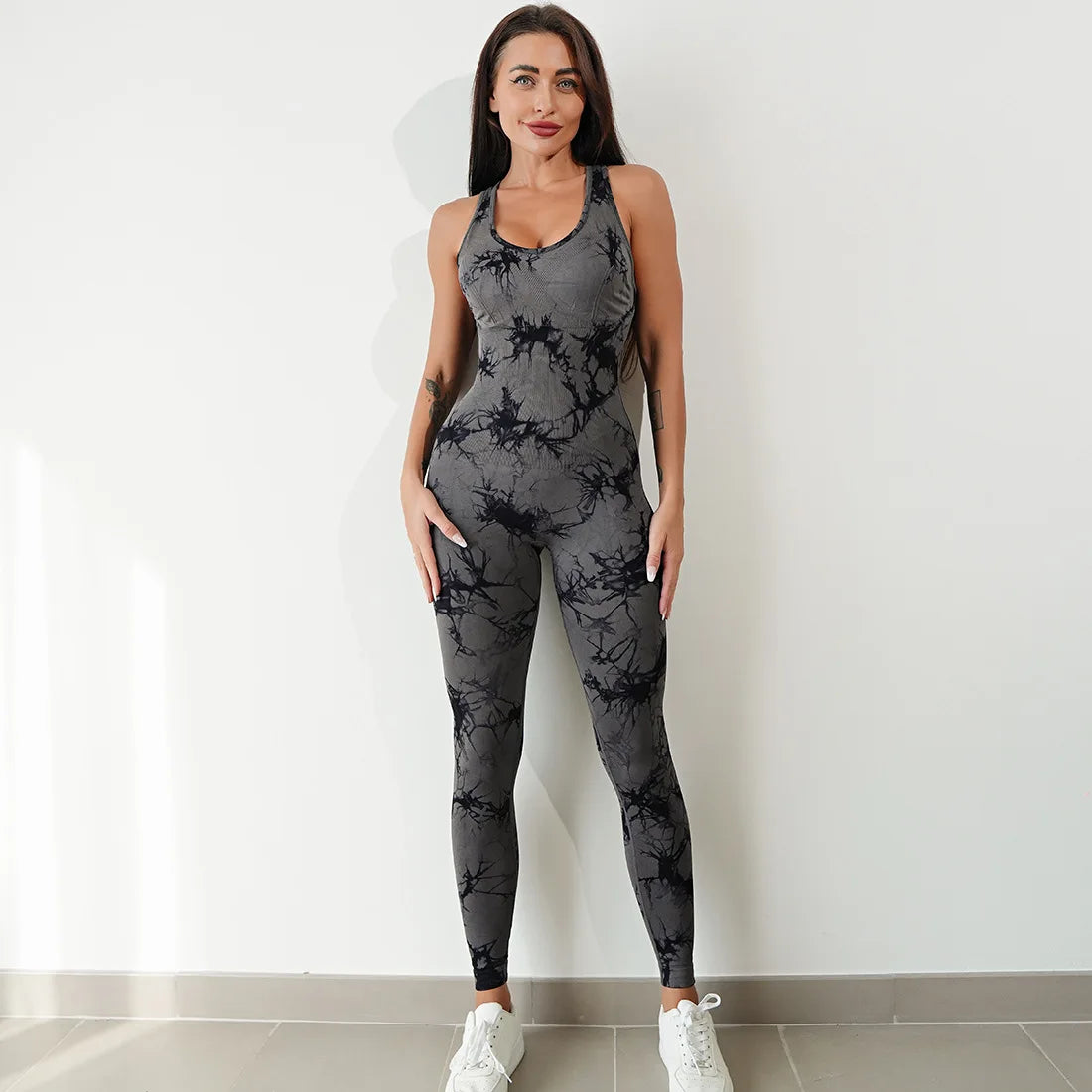 Seamless Tie-Dyed Yoga Jumpsuits Sports Fitness Hip-lifting One-Piece Beauty Back Bodysuits Gym Leggings Tracksuits for Women
