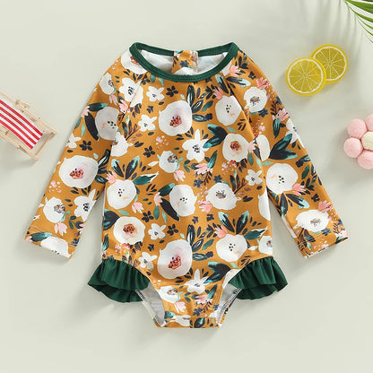 0-4Y Toddler Baby Girl Swimsuit Romper 4 Colors Flower Print Long Sleeve Ruffle Bikini Bathing Suit