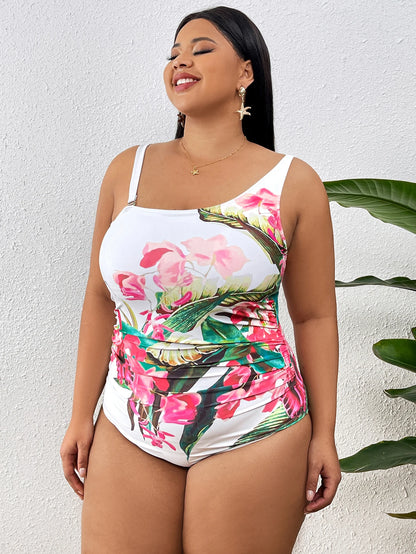 Plus Size Elegance One Piece Swimwear Women Flower Print Swimsuit One Shoulder Bathing Suit Beachwear Monokini