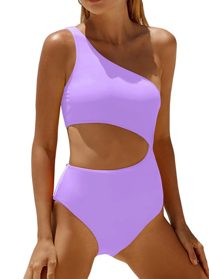 One Shoulder Solid One Piece Swimsuit Women Color Block Hollow Swimwear Female Bathers Bathing Swim Suit Padded Beachwear