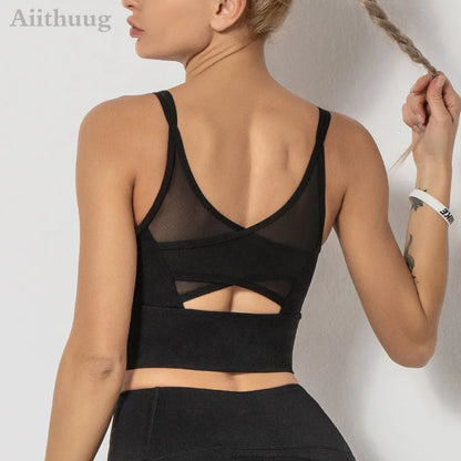 Mesh Breathable Yoga Bra Pilates Crop Bra Yoga Crops Gym Crop Fitness Top Quick Dry Spaghetti Strap Sports Bra