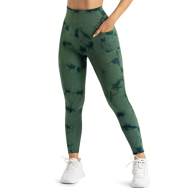Plus Size High Elastic Sports Yoga Fitness Women's High-Waisted Peach Butt Casual Tight-Fitting Quick-Drying Slim Tie-Dye Seamless with Phone Pocket Pants