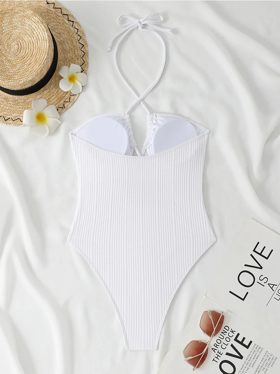 Halter Swimsuit One Piece Solid Hollow Swimwear Women Bathers Bathing Swimming Swim Suit Female Beachwear Bodysuit
