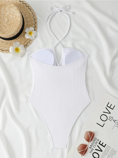 Halter Swimsuit One Piece Solid Hollow Swimwear Women Bathers Bathing Swimming Swim Suit Female Beachwear Bodysuit