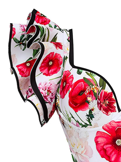 Push Up Floral Frill Shoulder Swimsuit Women One Piece Swimwear Female Beachwear Bathers Bathing Swimming Swim Suit