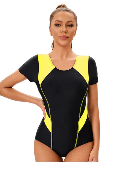 Women's Color Block Short-Sleeve Racing One-Piece Swimsuit Round Neck High-Cut Competition Bathing Suit