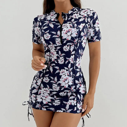 Floral Women Swimsuits Sun Protection Female Short Sleeves Swimwear Surfing Sports Pool Beachwear Two-Piece Bathing Suits