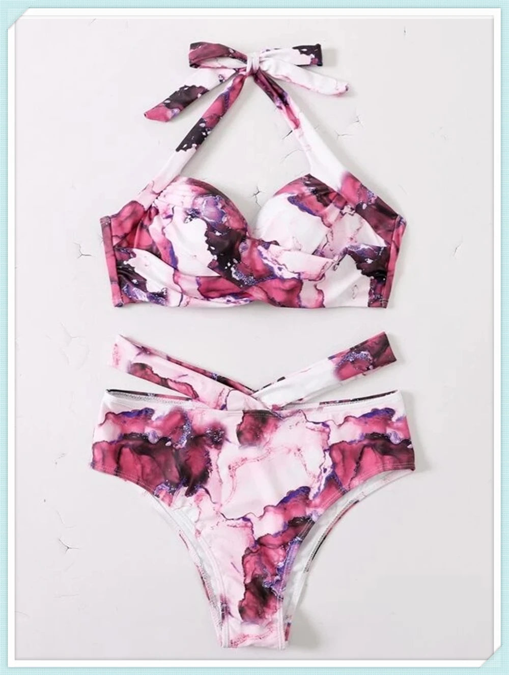 Halter High Waist Bikini Women Tie Dye Swimsuit Push Up Swimwear Female Printed Bathing Suit Lace Up Back Beachwear