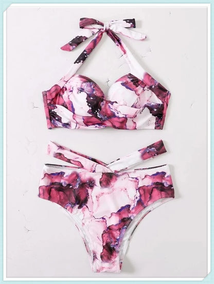 Halter High Waist Bikini Women Tie Dye Swimsuit Push Up Swimwear Female Printed Bathing Suit Lace Up Back Beachwear