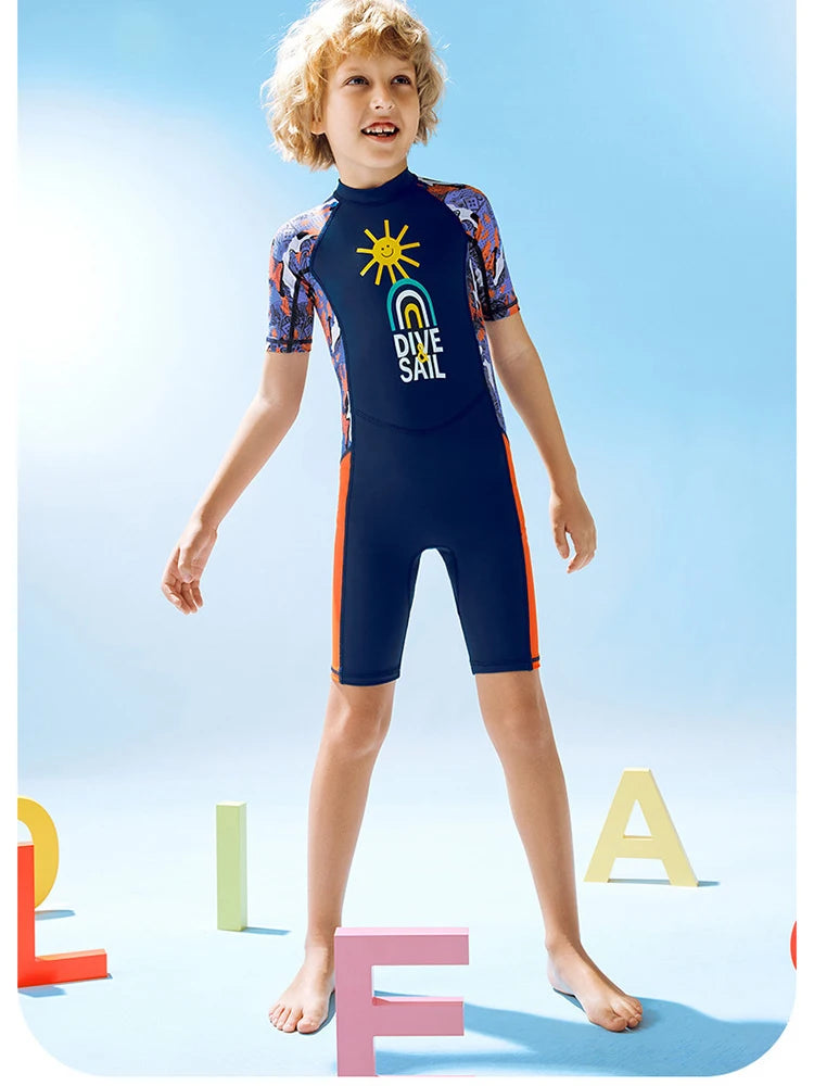 Children's Swimsuit Boys One-Piece Swimsuit Short-Sleeved Beach Sunscreen Professional Training Swimsuit