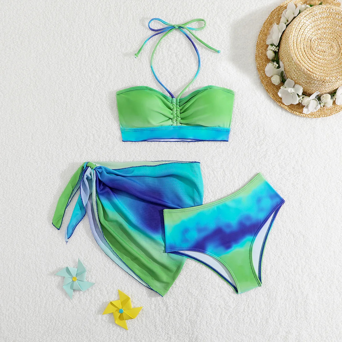 Girls 3 piece Green Bikini Sets with Skirts Mesh Cover Ups Drawstring Kids Swimsuit 7-12 Years Children's Swimwear Bathing Suit