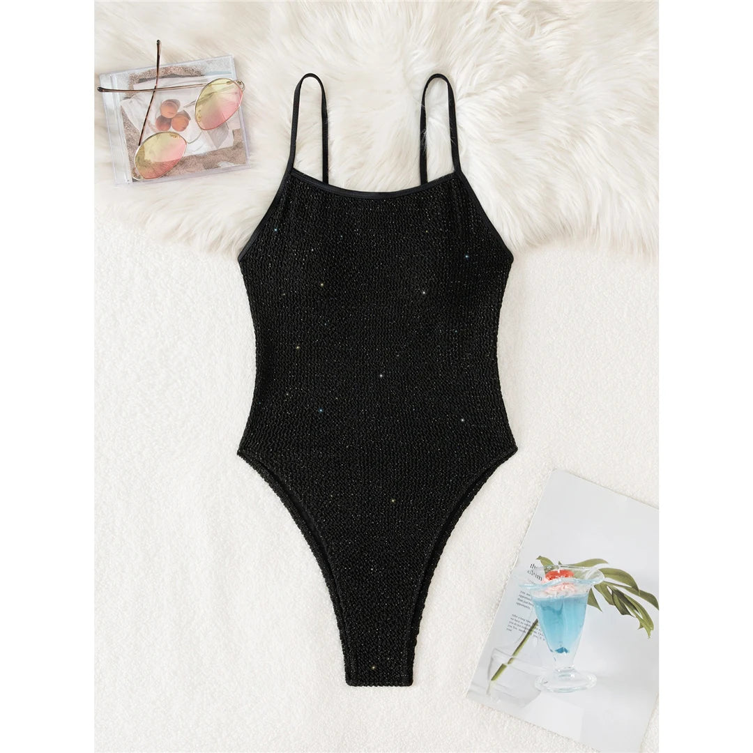 Wrinkled Crinkled Glitter Sparkling One Piece Swimsuit Women Swimwear Female High Cut Padded Bather Bathing Suit Swim