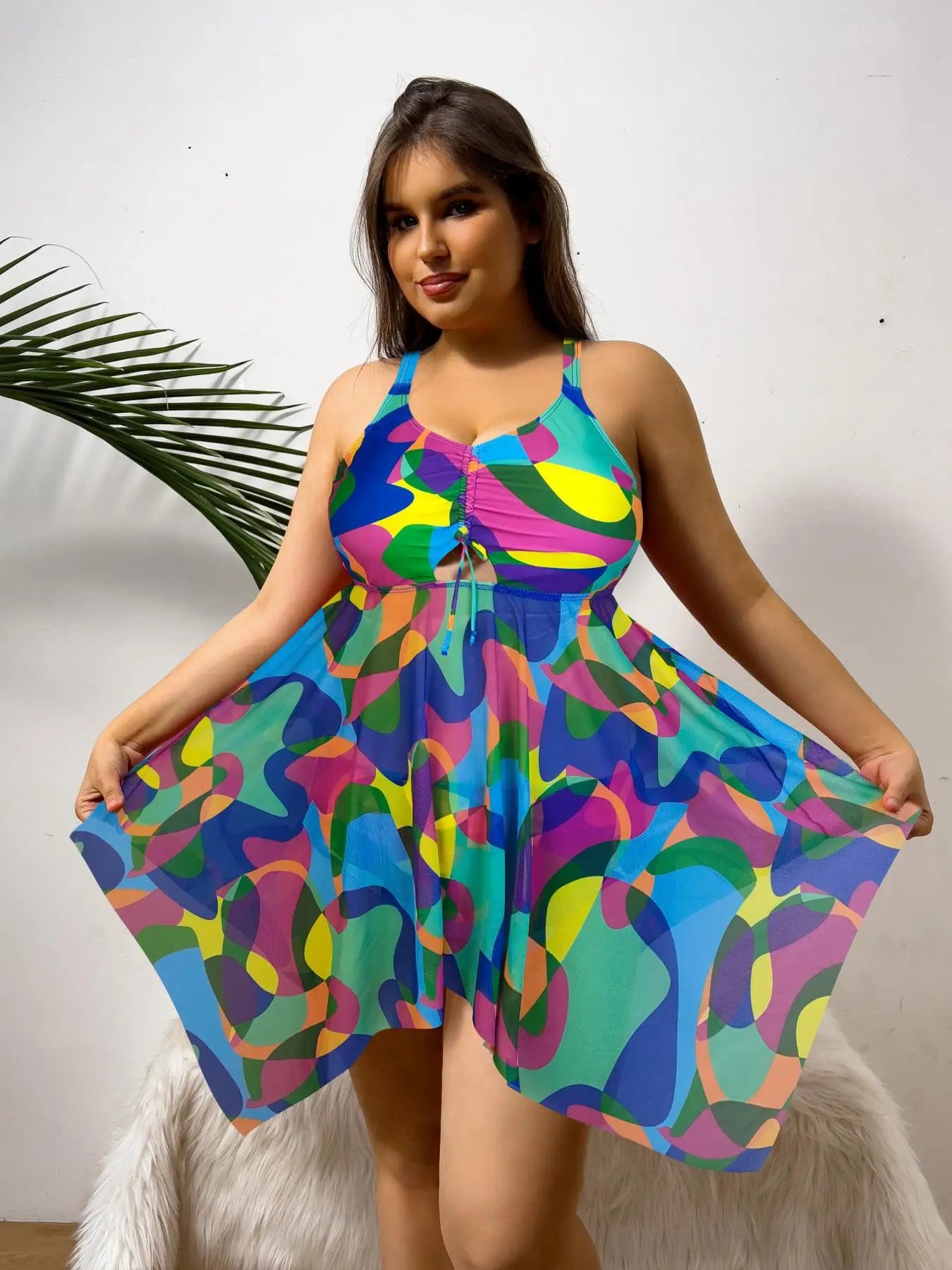 Color Print Strapped 2 Piece Plus Size Tankini Set Women Large High Waist Big Swimsuit Brazilian Lady Curvy Bathing Suit