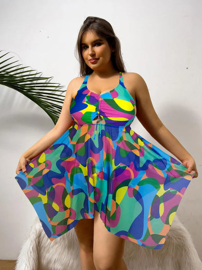Color Print Strapped 2 Piece Plus Size Tankini Set Women Large High Waist Big Swimsuit Brazilian Lady Curvy Bathing Suit