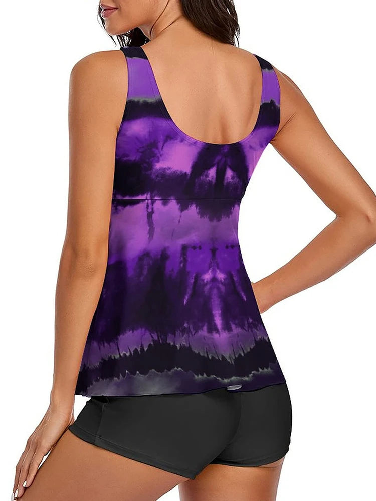 Bathing Suit Women Tie Dye Print Split Swimsuit Tankini Backless Lace Up Beachwear Thongs Summer Tankini Bathers