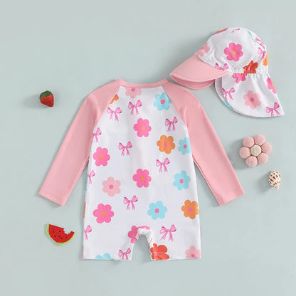 Toddler Girl Long Sleeve Swimsuit Floral/Bow/Strawberry Print Half Zipper Non-Pilling Rash Guard Swimwear Sunhat Set