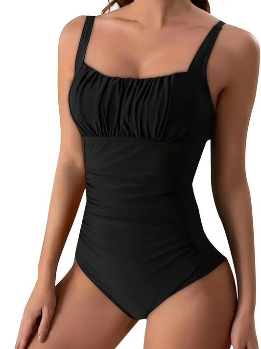 Black Strappy One Piece Swimsuit Women Pleated Swimwear Female Monokini Bathers Bathing Swimming Suit Padded Beachwear