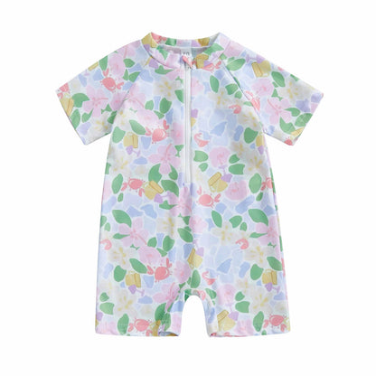 0-3Years Baby Boy Girl Rash Guard Swimsuits Fashion Print Short Sleeve Zip Up Rompers Bathing Suit Toddlers Swimwears Beachwear