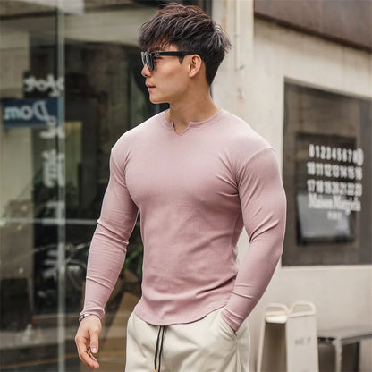 Fashion Casual Compression Shirt Large Sports Workout T-shirt Men's Elastic Long Sleeve Autumn V-Neck Gym