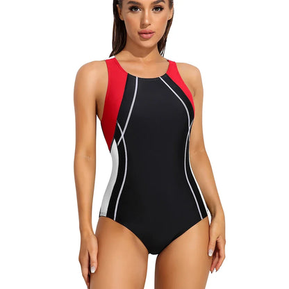 Charmleaks Women Sports One-Piece Swimsuits Racerback Patchwork High Elastic Training Bathing Suit